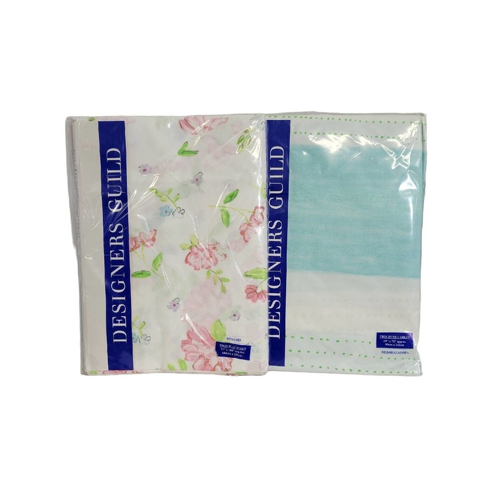 Designers Guild Rosario Cotton Twin Striped Fitted Sheet & Floral Flat Sheet NIP